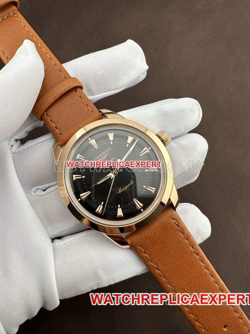 AF FactoryLongines Concast stop-tier 1:1super cloneblack dialrose goldleather strap front live photo