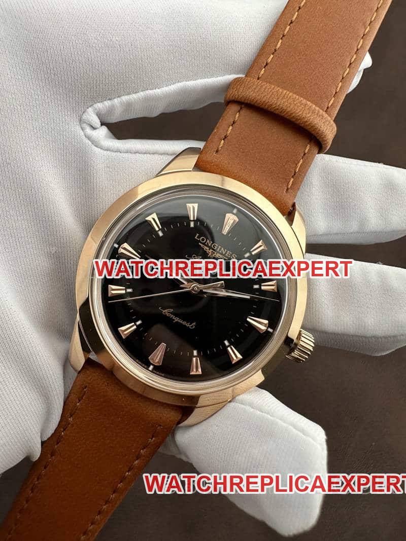 AF FactoryLongines Concast stop-tier 1:1super cloneblack dialrose goldleather strap front live photo