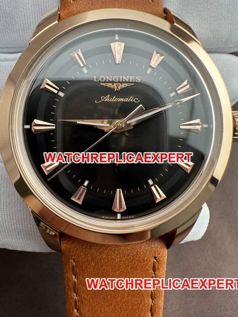 AF FactoryLongines Concast stop-tier 1:1super cloneblack dialrose goldleather strap front live photo