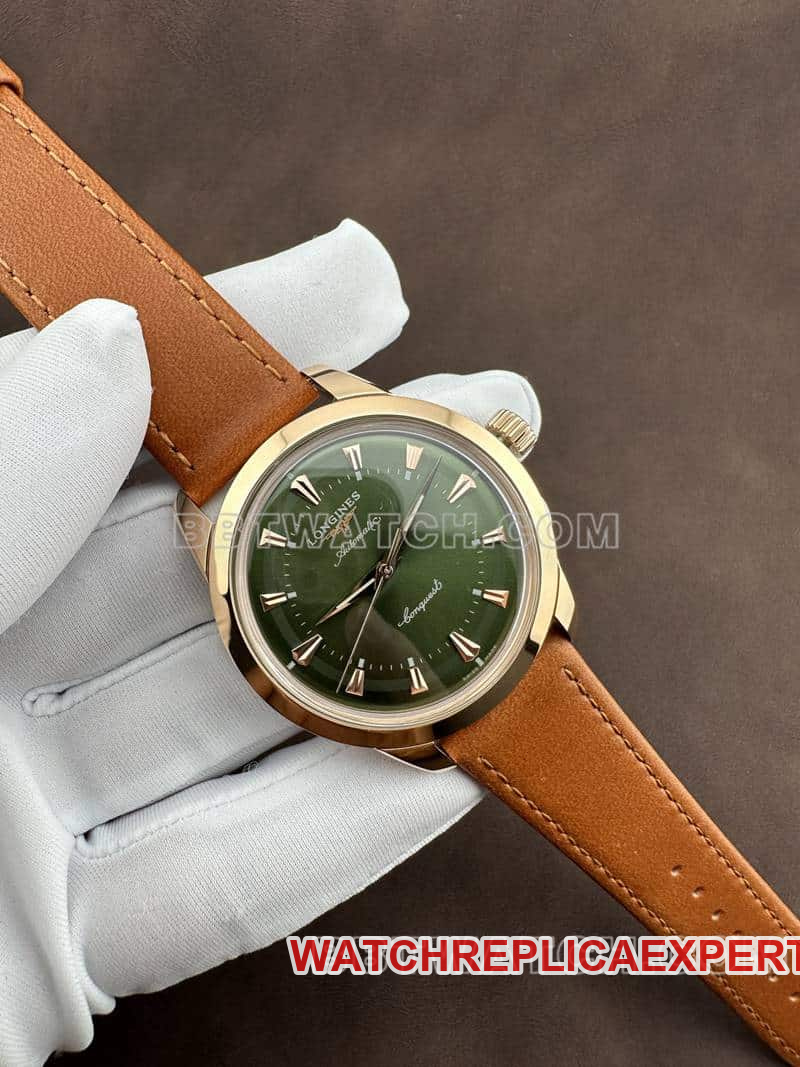AF FactoryLongines Concas super clonegreen dialrose goldleather strap front live photo