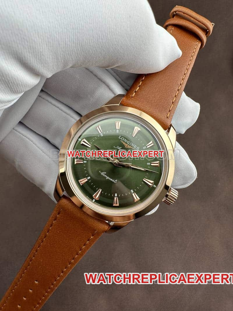 AF FactoryLongines Concas super clonegreen dialrose goldleather strap front live photo