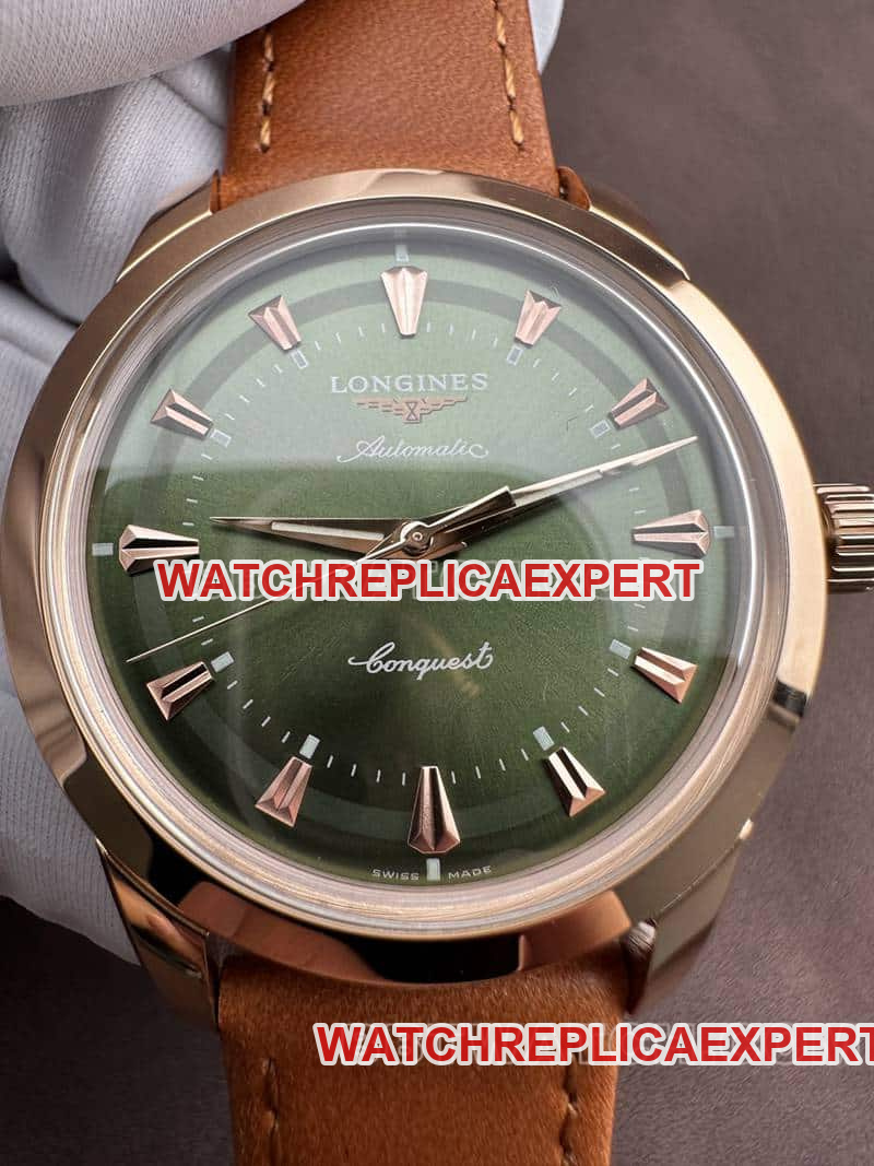 AF FactoryLongines Concas super clonegreen dialrose goldleather strap front live photo
