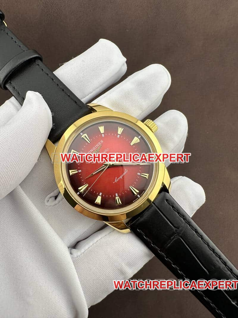 AF FactoryLongines Concas 1:1super gradient red plate yellow goldleather strap front live photo