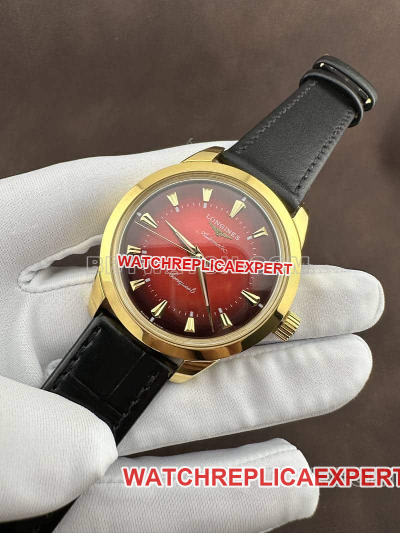 AF FactoryLongines Concas 1:1super gradient red plate yellow goldleather strap front live photo