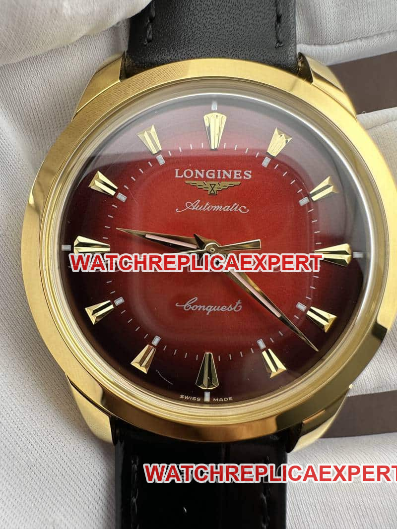 AF FactoryLongines Concas 1:1super gradient red plate yellow goldleather strap front live photo