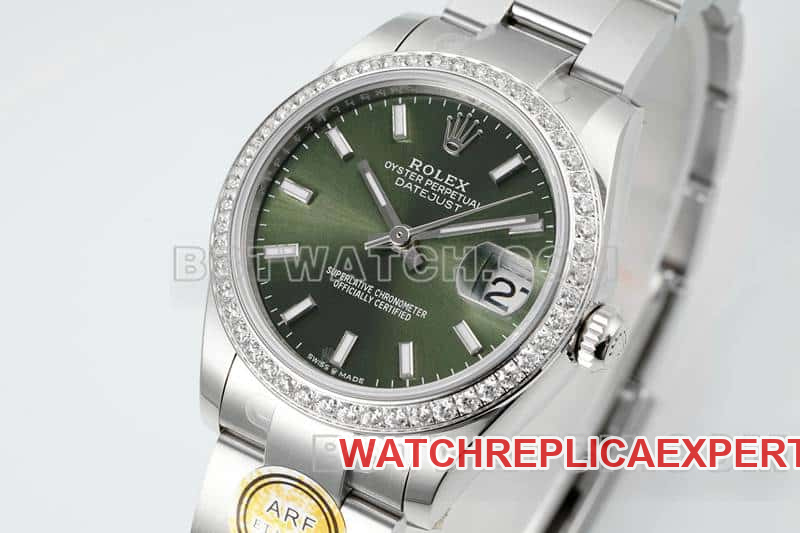 ARF FactoryRolex log 1:1super clonegreen dialdiamond bezel stick hour markers 31mm three grid link 278384front live photo
