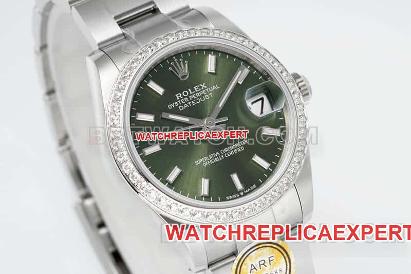 ARF FactoryRolex log 1:1super clonegreen dialdiamond bezel stick hour markers 31mm three grid link 278384front live photo