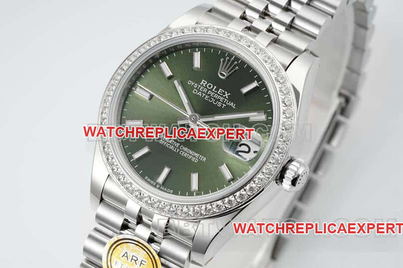 ARF FactoryRolex log super clonegreen dialdiamond bezel stick hour markers 31mm five grid link 278384front live photo