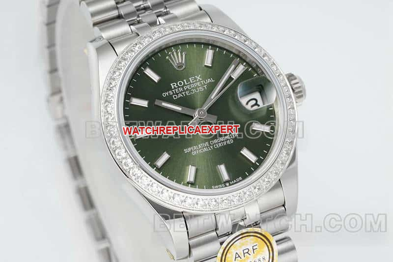 ARF FactoryRolex log super clonegreen dialdiamond bezel stick hour markers 31mm five grid link 278384front live photo