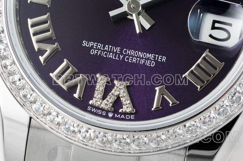 ARF FactoryRolex log 1:1top-tier purple plate diamond bezel Roman numerals 31mm five grid link 278384front live photo