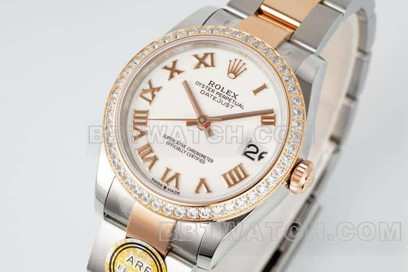 ARF FactoryRolex log 1:1super clonewhite dialdiamond bezel31mm gold three-lattice chain link278381front live photo