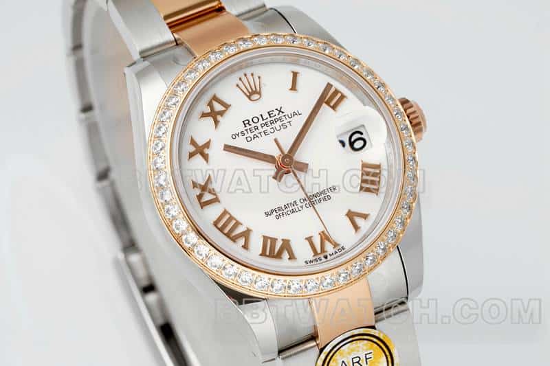ARF FactoryRolex log 1:1super clonewhite dialdiamond bezel31mm gold three-lattice chain link278381front live photo