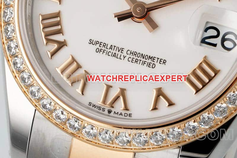 ARF FactoryRolex log 1:1super clonewhite dialdiamond bezel31mm gold three-lattice chain link278381front live photo
