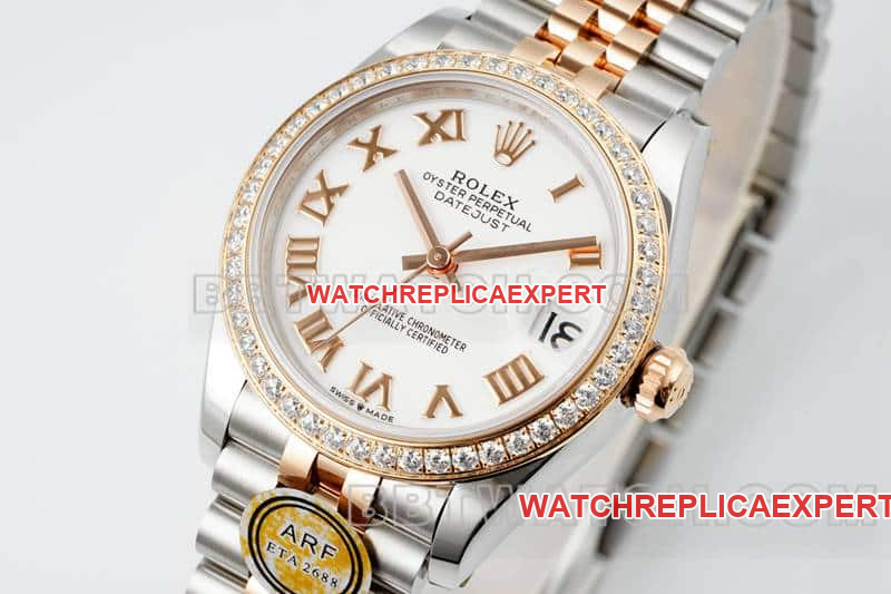 ARF FactoryRolex log 1:1super clonewhite dialdiamond bezel31mm gold five-lattice chain link278381front live photo