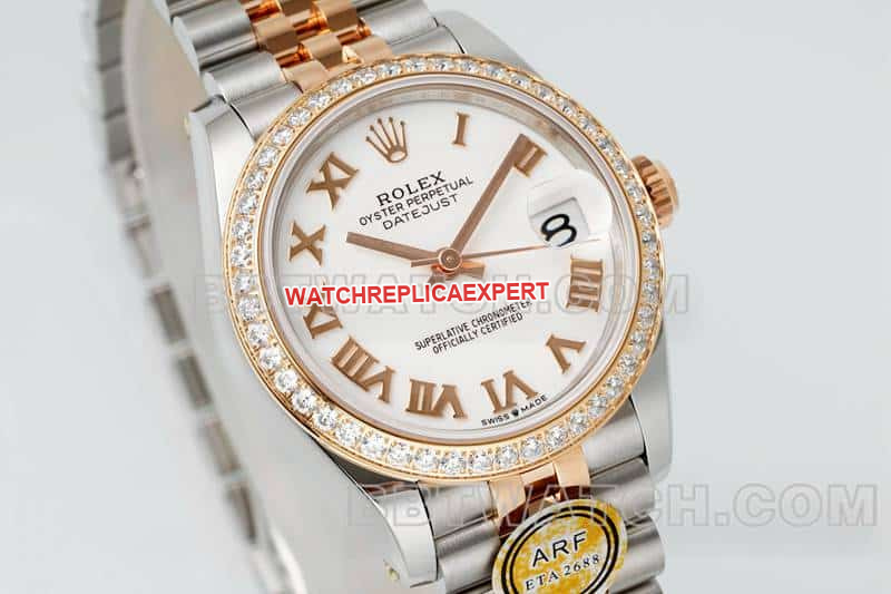 ARF FactoryRolex log 1:1super clonewhite dialdiamond bezel31mm gold five-lattice chain link278381front live photo