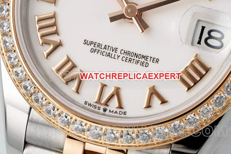 ARF FactoryRolex log 1:1super clonewhite dialdiamond bezel31mm gold five-lattice chain link278381front live photo