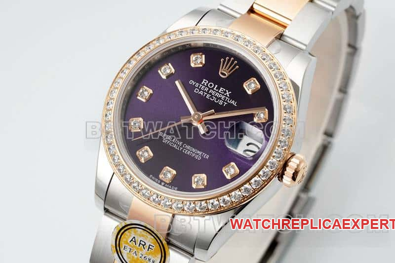 ARF FactoryRolex log 1:1top-tier purple disc diamond bezel31mm gold three-lattice chain link278381front live photo