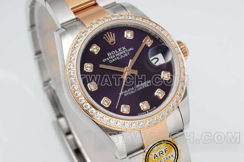 ARF FactoryRolex log 1:1top-tier purple disc diamond bezel31mm gold three-lattice chain link278381front live photo