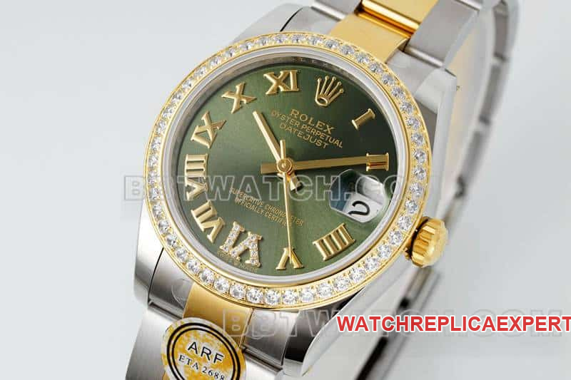 ARF FactoryRolex log 1:1super clonegreen dialdiamond bezel31mm gold three grid link 278383front live photo