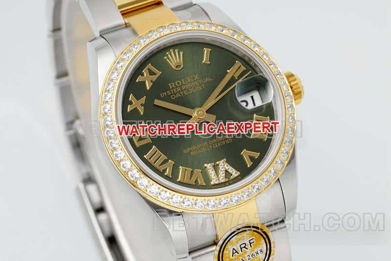 ARF FactoryRolex log 1:1super clonegreen dialdiamond bezel31mm gold three grid link 278383front live photo