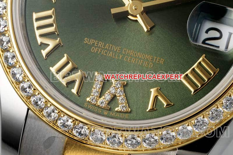 ARF FactoryRolex log 1:1super clonegreen dialdiamond bezel31mm gold three grid link 278383front live photo
