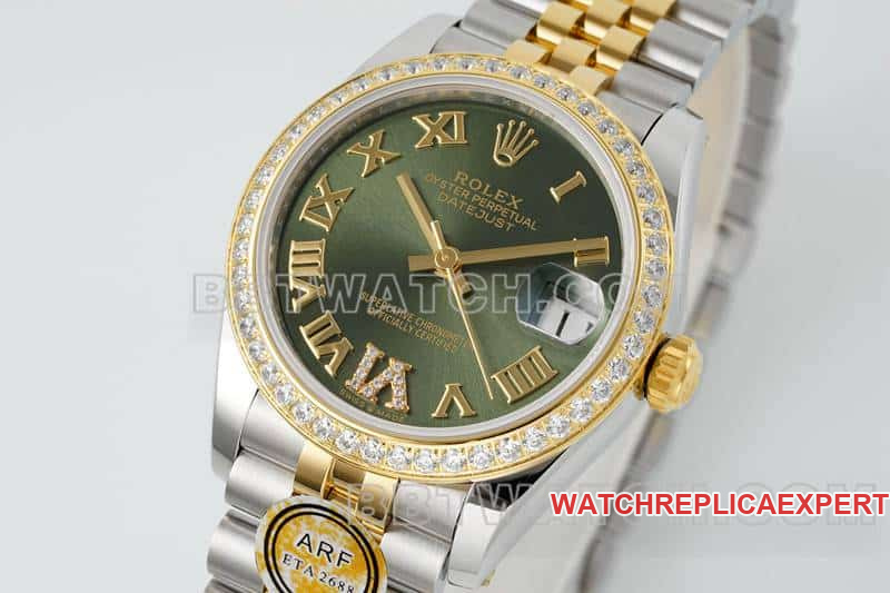 ARF FactoryRolex logsuper clonegreen dialdiamond bezel31mm intergold five-lattice chain link278383front live photo