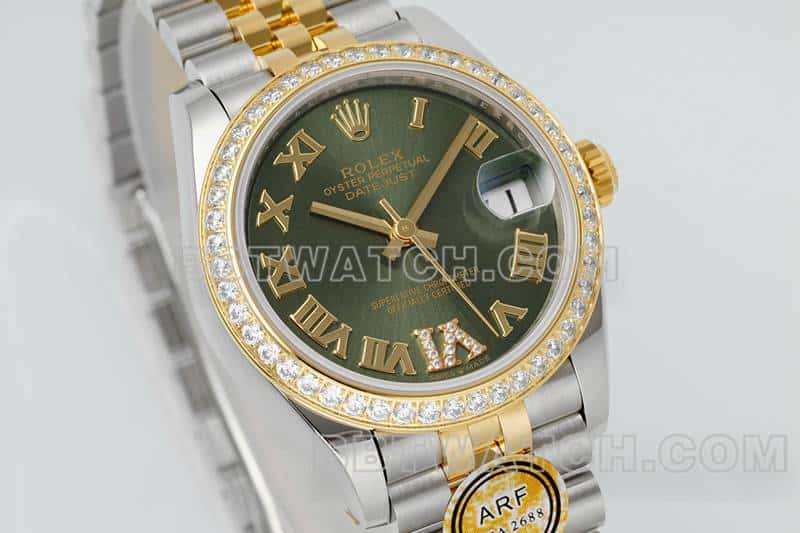 ARF FactoryRolex logsuper clonegreen dialdiamond bezel31mm intergold five-lattice chain link278383front live photo