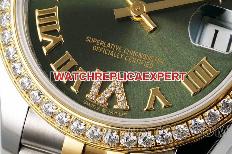 ARF FactoryRolex logsuper clonegreen dialdiamond bezel31mm intergold five-lattice chain link278383front live photo