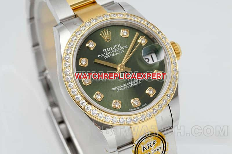 ARF FactoryRolex log top-tier 1:1super clonegreen dialdiamond bezel31mm gold three-lattice chain link278383front live photo
