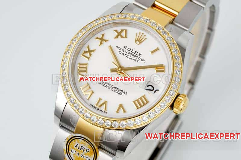 ARF FactoryRolex log 1:1super clonewhite dialdiamond bezel31mm gold three-lattice chain link278383front live photo