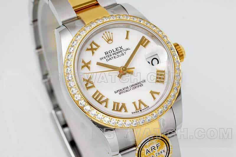 ARF FactoryRolex log 1:1super clonewhite dialdiamond bezel31mm gold three-lattice chain link278383front live photo