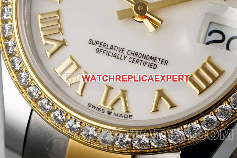 ARF FactoryRolex log 1:1super clonewhite dialdiamond bezel31mm gold three-lattice chain link278383front live photo