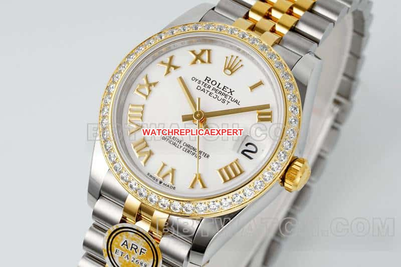 ARF FactoryRolex log 1:1super clonewhite dialdiamond bezel31mm gold five-lattice chain link278383front live photo