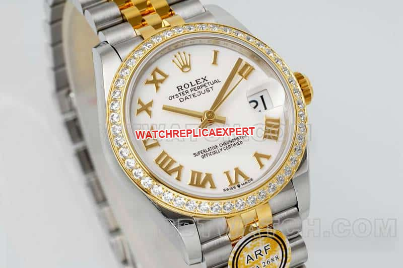 ARF FactoryRolex log 1:1super clonewhite dialdiamond bezel31mm gold five-lattice chain link278383front live photo