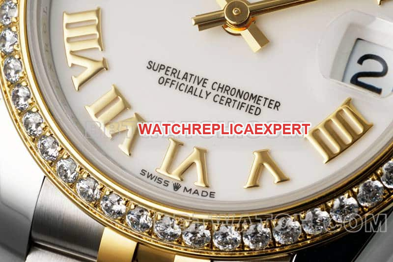 ARF FactoryRolex log 1:1super clonewhite dialdiamond bezel31mm gold five-lattice chain link278383front live photo