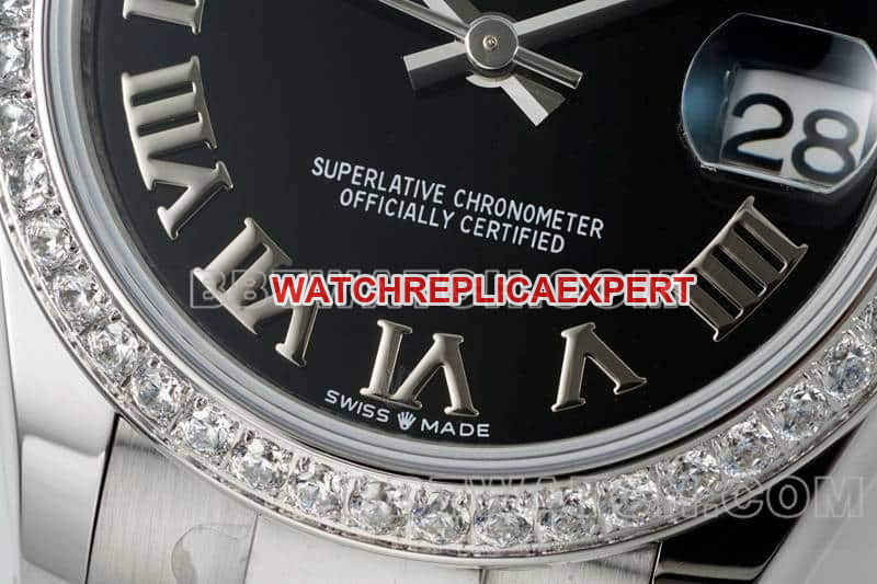 ARF FactoryRolex log super cloneblack dial Roman numerals diamond bezel31mm three grid link 278289front live photo