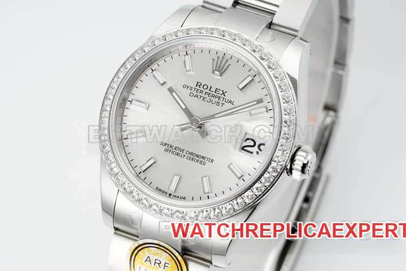 ARF FactoryRolex Log 1:1top-tier replicasilver dial stick hour markers diamond bezel31mm three grid link 278289front live photo