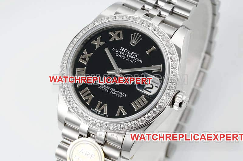 ARF factory Rolex log top imitation black plate Roman numerals diamond ring 31mm five compartment links 278289 front real photo