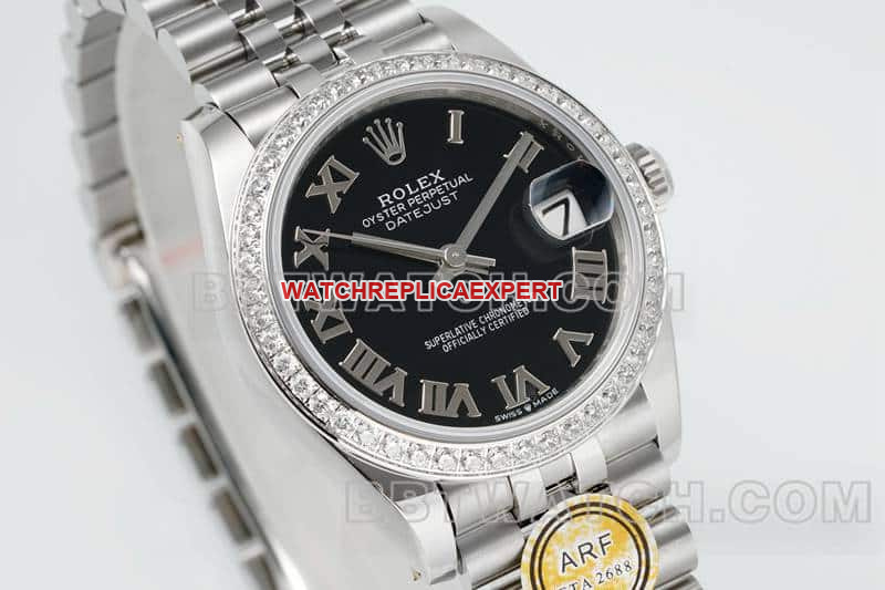 ARF factory Rolex log top imitation black plate Roman numerals diamond ring 31mm five compartment links 278289 front real photo