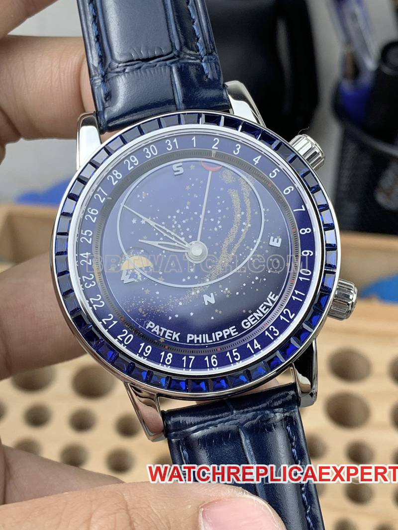 Patek Philippetop-tier watch 3K Factory super complication timepiece blue dial blue diamond bezelleather strap model front live photo