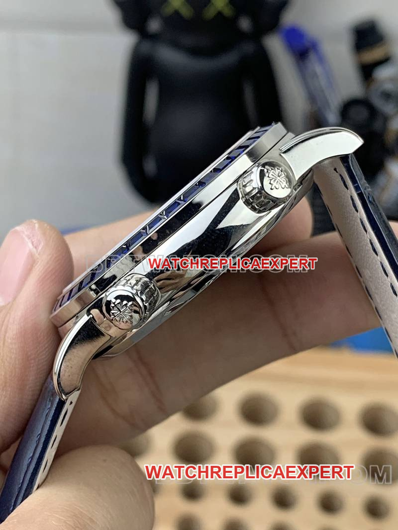 Patek Philippetop-tier watch 3K Factory super complication timepiece blue dial blue diamond bezelleather strap model side live photo
