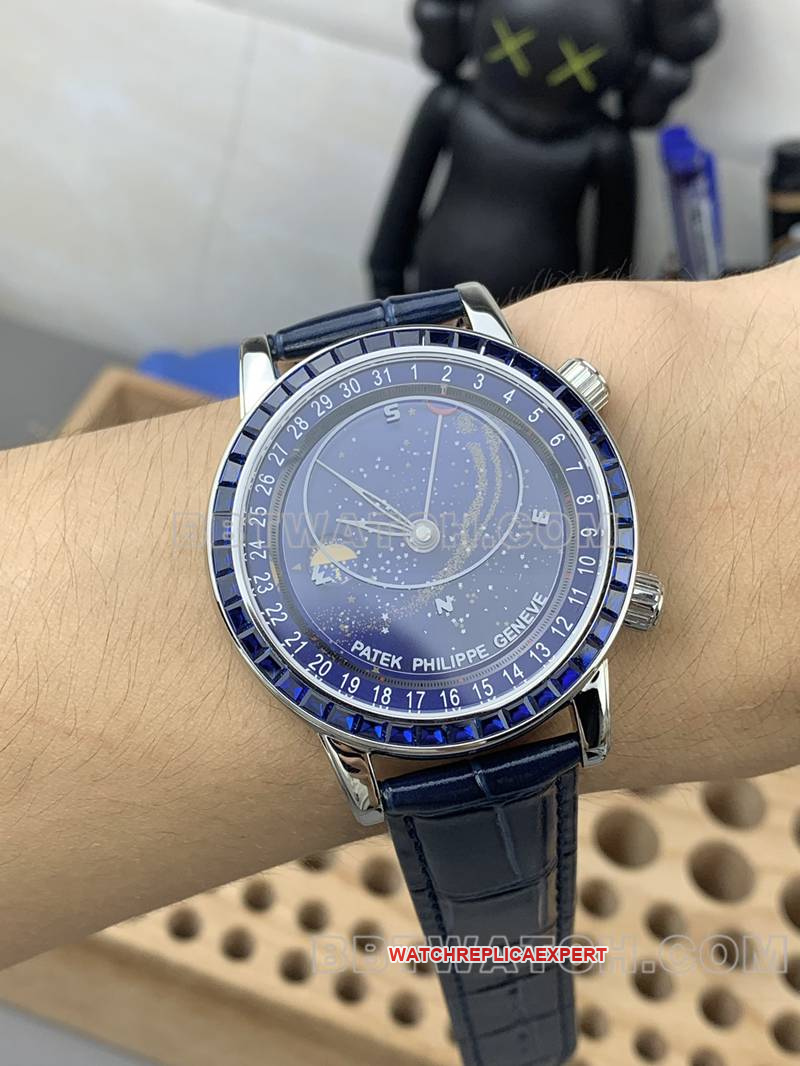 Patek Philippetop-tier watch 3K Factory super complication timepiece blue dial blue diamond bezelleather strap model front live photo