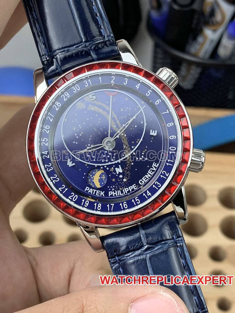 Patek Philippe collectible watch 3K Factory super complication timepiece blue dial red diamond bezelleather strap model front live photo