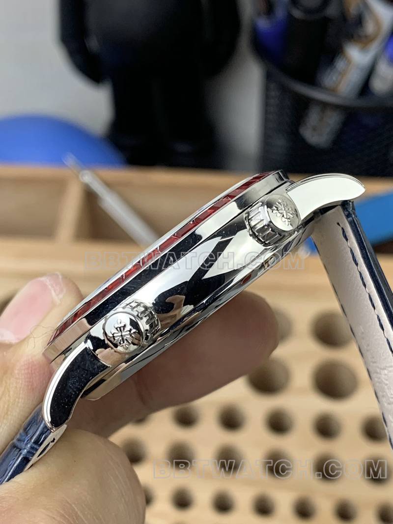 Patek Philippe collectible watch 3K Factory super complication timepiece blue dial red diamond bezelleather strap model side live photo