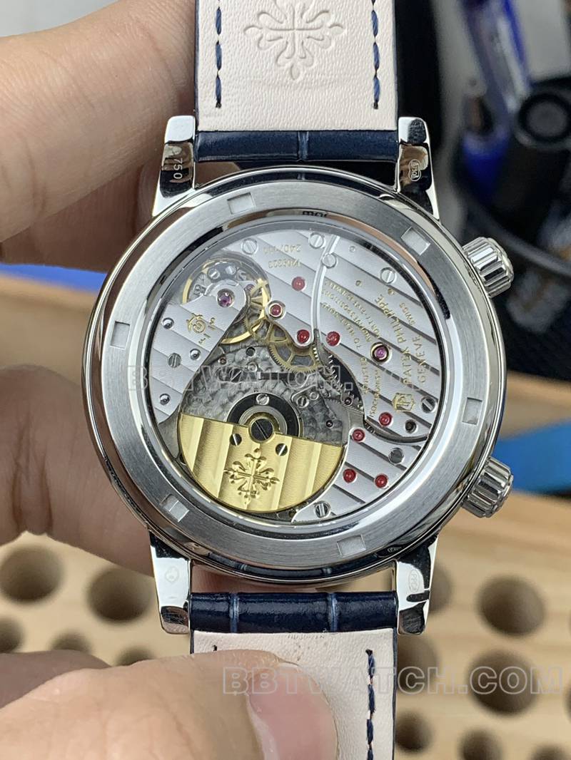 Patek Philippe collectible watch 3K Factory super complication timepiece blue dial red diamond bezelleather strap caseback live photo