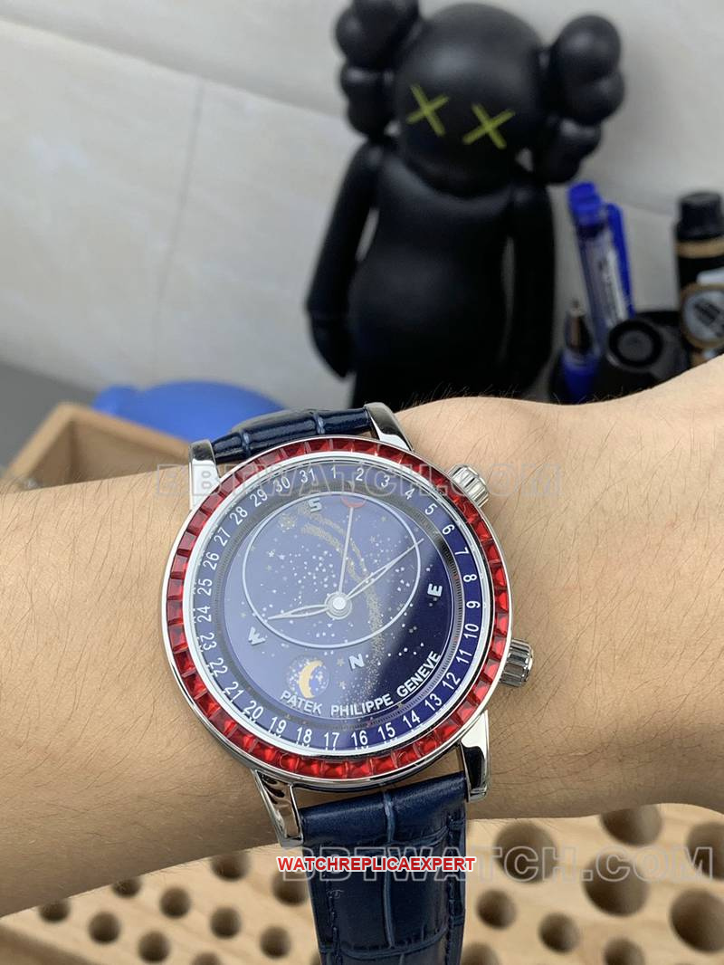 Patek Philippe collectible watch 3K Factory super complication timepiece blue dial red diamond bezelleather strap model front live photo