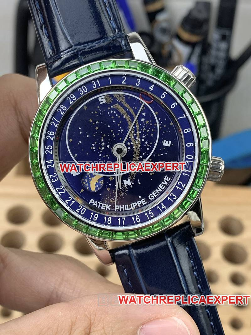 Patek Philippe1:1replica watch 3K Factory super complication timepiece blue dial green diamond bezelleather strap model front live photo