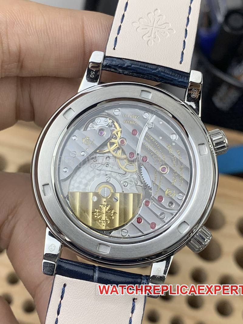 Patek Philippe1:1replica watch 3K Factory super complication timepiece blue dial green diamond bezelleather strap caseback live photo