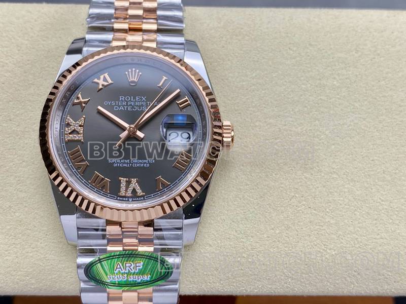 Rolex1:1replica watch ARF FactoryDatejust gray plate 36mm rose goldsteel bracelet front live photo