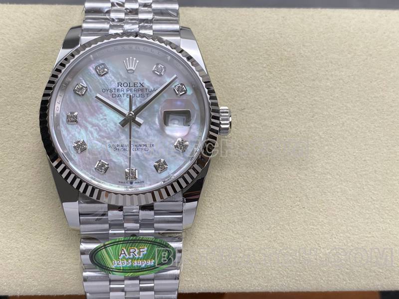 Rolex1:1replica watch ARF FactoryDatejust mother-of-pearl disc 36mm steel bracelet model front live photo